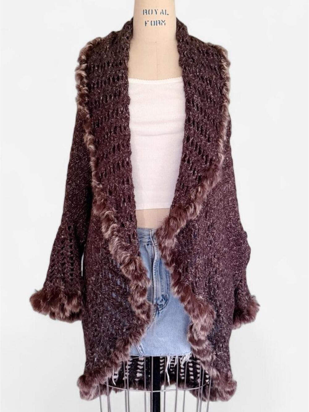Fur Trim Alpaca Blend Knit Shrug Cardigan in Brown